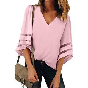 Womens 3/4 Bell Sleeve Fashion V Neck Lace Patchwork Blouse Casual Loose Shirt